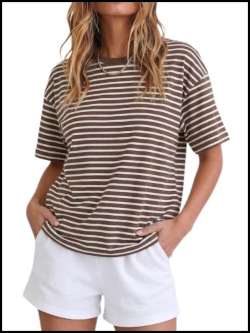Women's Boxy Cropped Striped Tee Short Sleeve Loose Fit Casual Summer Top